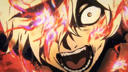 Anime HD PC wallpaper of Gabimaru (Hell's Paradise): extreme close-up of his screaming face, a wild eye and purple-orange flames licking his skin.