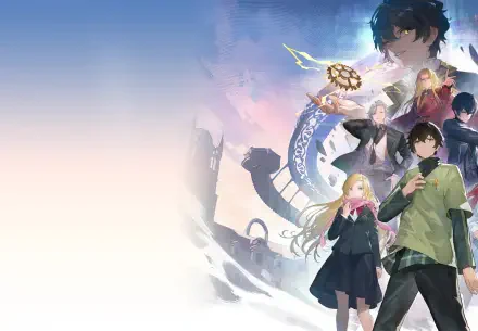 Anime Dragon Raja HD PC desktop wallpaper background: stylized group of characters with a coiling white dragon under a pastel sky, empty left space for icons.