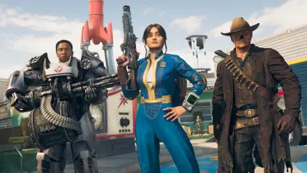 2K Quad HD PC wallpaper: crossover video game scene combining Call of Duty: Black Ops 7 and Fallout — armored soldier, Vault-suit hero, and gunfighter standing in a retro-futuristic town.