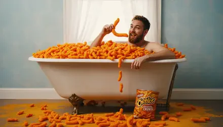 4K Ultra HD PC desktop wallpaper/background: bearded man lounging in a clawfoot tub overflowing with Cheetos crunchy puffs, bag on the floor — a vivid junk food scene.