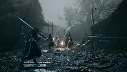 HD PC desktop wallpaper from the video game Mortal Shell II: rain-soaked ruined village where armored warriors face off around a glowing brazier.