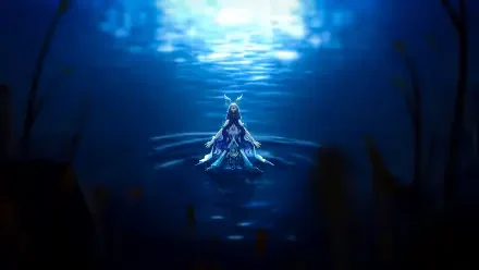 Genshin Impact — Lauma kneels in glowing deep-blue water, radiating light and ripples in a 4K Ultra HD PC desktop wallpaper background.