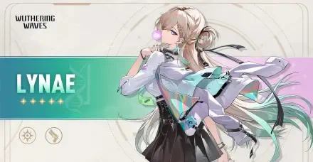 HD PC desktop wallpaper/background of Lynae (Wuthering Waves): pastel sci‑fi portrait with flowing hair, translucent coat, teal accents and a minimalist circular motif.