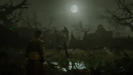 HD PC desktop wallpaper and background for the video game Vampires: Bloodlord Rising — a moonlit swamp with a cloaked figure, twisted trees, glowing eyes and a distant ruined manor.