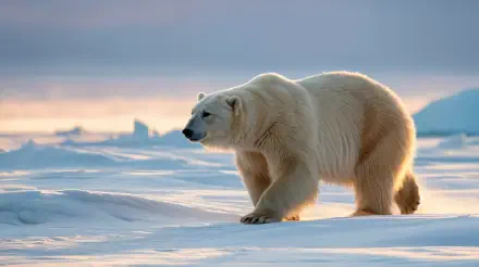 Polar bear walking across sunlit Arctic ice at dusk, captured in rich detail as a 4K Ultra HD PC desktop wallpaper and background.