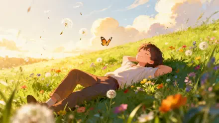 4K Ultra HD PC desktop wallpaper and background: anime-style youth reclines in a sunlit wildflower meadow, eyes closed as a butterfly drifts overhead under a bright blue sky.