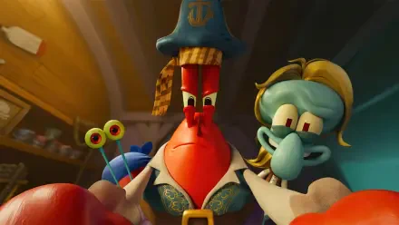 4K Ultra HD desktop wallpaper from The SpongeBob Movie: Search for SquarePants featuring Captain Mr. Krabs in costume, Gary the snail peeking, and a coiffed Squidward behind him.