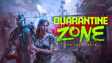 4K Ultra HD PC desktop wallpaper and background for the video game Quarantine Zone: The Last Check — gritty post-apocalyptic checkpoint with armed survivors, a hazmat enforcer and neon title.