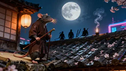 4K Ultra HD PC desktop wallpaper and background: Splinter (TMNT) stands on a moonlit tiled rooftop with his staff as the four turtles' silhouettes crest the ridge, lanterns and cherry blossoms.