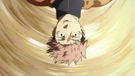 Anime 4K Ultra HD PC wallpaper: Upside-down close-up of Yuji Itadori from Jujutsu Kaisen 3rd Season against a swirling beige background.