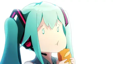 Hatsune Miku (Vocaloid) HD PC desktop wallpaper: chibi-style Miku with teal twin-tails and headphones, puffed cheeks as she munches a snack on a white background.
