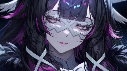 Close-up of Columbina (Genshin Impact) for an ARPG 2K Quad HD PC wallpaper: masked pale face, long dark hair with purple-pink highlights, melancholic gaze and ornate costume.