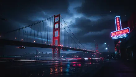 Moody nighttime view of the Golden Gate Bridge reflected in wet pavement, neon San Francisco sign at right — 4K Ultra HD PC desktop wallpaper and background.