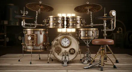 Steampunk drum set with brass gears and a central clock, warm studio lighting on a wooden floor — 4K Ultra HD PC desktop wallpaper and background.