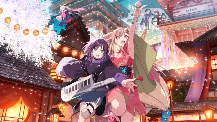 Cosmic Princess Kaguya! 4K Ultra HD PC desktop wallpaper and background: two anime heroines—keytarist and pink-robed singer—perform in a neon-lit temple festival under cherry blossoms and lanterns.