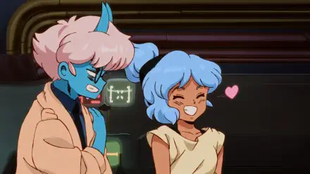 HD PC desktop wallpaper/background from video game Orbitals: retro-anime scene of a pink-haired, blue-skinned horned character beside a laughing blue-haired friend with a small heart.