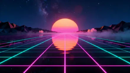 Neon grid vanishing toward a glowing pink sun over reflective water and misty mountains under a starry sky — 4K Ultra HD PC Desktop Wallpaper and Background