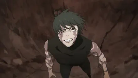 Anime Jujutsu Kaisen — Maki Zenin, 4K Ultra HD PC desktop wallpaper: grinning fiercely, torn sleeves and dark scarf, viewed from above against cracked earth.