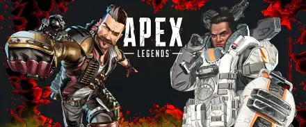 Video game Apex Legends 2K Quad HD PC desktop wallpaper: Fuse (left) and Gibraltar (right) flank the Apex Legends logo on a dark background with red smoke accents.