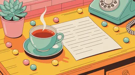 Cozy illustrated desk scene with steaming teacup, handwritten letter, rotary phone, succulent and scattered candy — 4K Ultra HD PC desktop wallpaper and background.