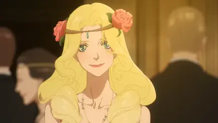 HD PC desktop wallpaper from the anime movie Love Through a Prism: a smiling blonde woman with rose crown and jeweled headpiece in a warm, softly lit ballroom.