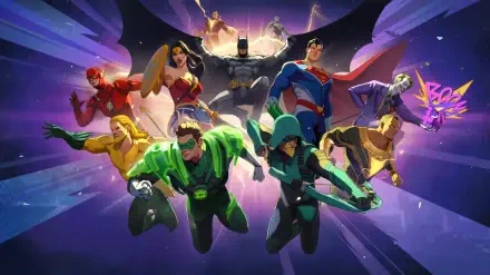 2K Quad HD PC desktop wallpaper/background for mobile game DC: Dark Legion depicting Batman, Superman, Wonder Woman, Flash, Green Lantern and allies charging forward.