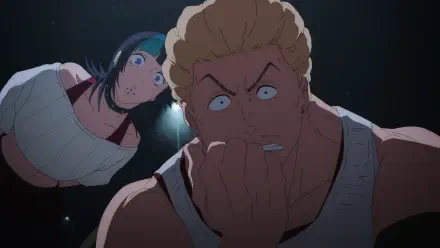 HD PC desktop wallpaper of Jujutsu Kaisen: Kinji Hakari clutching his mouth in shock with Kirara Hoshi looming behind, cinematic overhead lighting, close-up anime background.