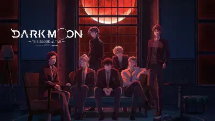 Dark Moon: The Blood Altar red-toned anime wallpaper — seven brooding male characters seated in a dim room beneath a large red moon; 4K Ultra HD PC desktop background.