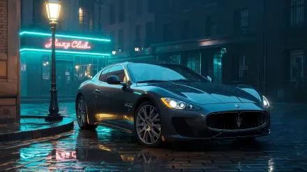 Maserati sports car parked on a wet cobblestone street at night, neon club lights reflecting — 4K Ultra HD PC desktop wallpaper/background.