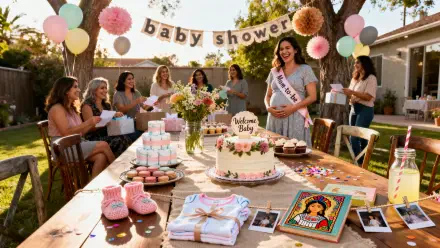 4K Ultra HD PC desktop wallpaper and background showing an outdoor baby shower: decorated table with cake, gifts, pink booties, balloons and guests celebrating the expectant mother.