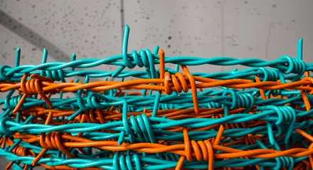 Close-up 4K Ultra HD PC desktop wallpaper of intertwined turquoise and orange barbed wire against a blurred concrete background.
