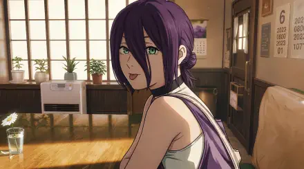 Reze from Chainsaw Man — a cute purple‑haired anime girl with green eyes, glancing over her shoulder in a sunlit room; 5K Ultra HD PC desktop wallpaper/background.