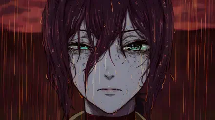 Reze from Chainsaw Man in the rain: close-up of an anime girl with wet dark hair and teal eyes, moody 5K Ultra HD PC desktop wallpaper background.