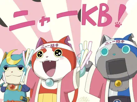 HD PC desktop wallpaper of Yo-kai Watch characters: Jibanyan (Yo-kai Watch) center, Robotnyan at right and a third Yo-kai cheering with glow sticks on a pink radial background.