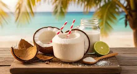 4K Ultra HD PC desktop wallpaper: fresh coconut drinks, halved coconuts, lime and jar on a wooden board with palm-fringed turquoise beach background.