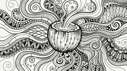 Black-and-white line-art of a coconut half with coconut water steam and ornate swirling patterns radiating outward — 4K Ultra HD PC desktop wallpaper and background.