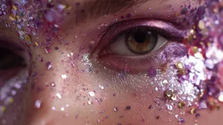 Close-up glam face with glitter-framed hazel eye and pink shadow, high-detail 2K Quad HD PC desktop wallpaper/background.