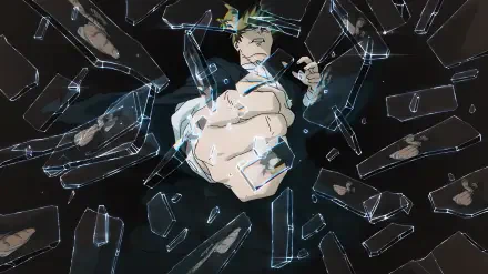 4K Ultra HD PC desktop wallpaper of Naoya Zenin (Jujutsu Kaisen 3rd Season) — anime scene of him using powers as glass shards explode outward against a dark backdrop.