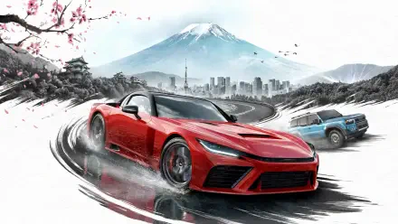 4K Ultra HD PC desktop wallpaper for Forza Horizon 6: red sports car drifting on wet mountain road with blue SUV, city skyline and Mount Fuji framed by cherry blossoms.