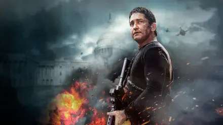 HD PC desktop wallpaper/background: Olympus Has Fallen — armed man with rifle stands before a burning Capitol building amid smoke, explosions and falling debris.