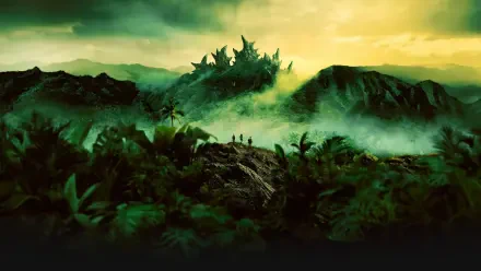 Monarch: Legacy of Monsters 4K Ultra HD PC desktop wallpaper/background — misty jungle foreground with tiny figures on a ridge, a spiked kaiju looming on a distant peak under green sky.
