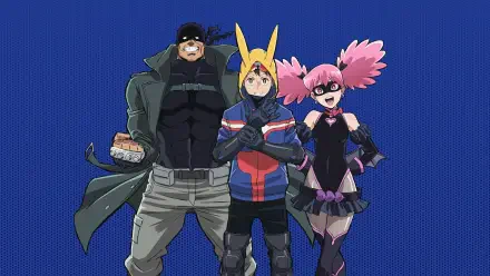 My Hero Academia: Vigilantes 5K Ultra HD PC desktop wallpaper/background: three costumed vigilantes — a large man in a coat, a hooded yellow‑eared hero, and a pink‑haired masked girl on blue.