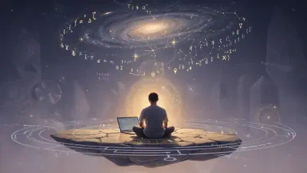 4K Ultra HD PC desktop wallpaper/background: programming scene of a lone coder at a laptop on a floating platform beneath a glowing galaxy of orbiting code and equations.