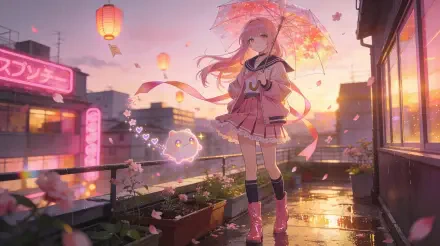 Pink-haired anime girl standing on a rainy neon balcony, holding a transparent umbrella as petals and lanterns float by — vibrant 5K Ultra HD PC desktop wallpaper background.