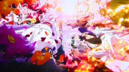 Hell's Paradise anime battle in 5K Ultra HD PC desktop wallpaper: warriors clash amid swirling petals, flames, and explosive energy across a vivid, high-detail fantasy battlefield.