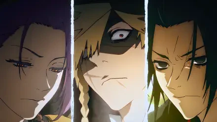 Hell's Paradise anime 4K Ultra HD PC desktop wallpaper: three-panel close-up of Choubei, Shugen and Rien with intense eyes and shadowed faces against a dark background.