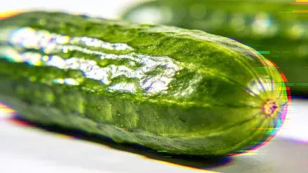Close-up glossy cucumber with vibrant green texture and light reflections; 4K Ultra HD PC desktop wallpaper and background.