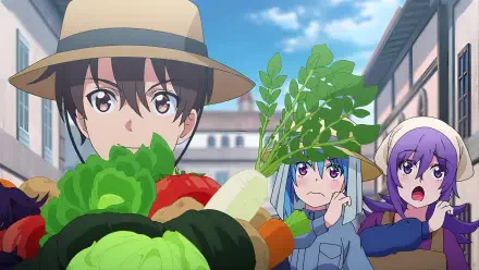 4K Ultra HD anime wallpaper from I Somehow Got Strong By Raising Skills Related To Farming: straw‑hatted farmer carrying vegetables, two surprised companions on a sunny town street.