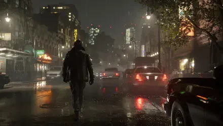 Resident Evil Requiem video game 4K Ultra HD PC wallpaper: lone figure walks a rain‑slick city street at night, car lights and neon reflecting on wet asphalt.