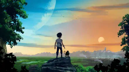 Planet of Lana II video game minimalist gaming HD PC desktop wallpaper: silhouette of a young explorer and small companion atop a cliff, gazing at an alien sunset with distant city and pale moon.